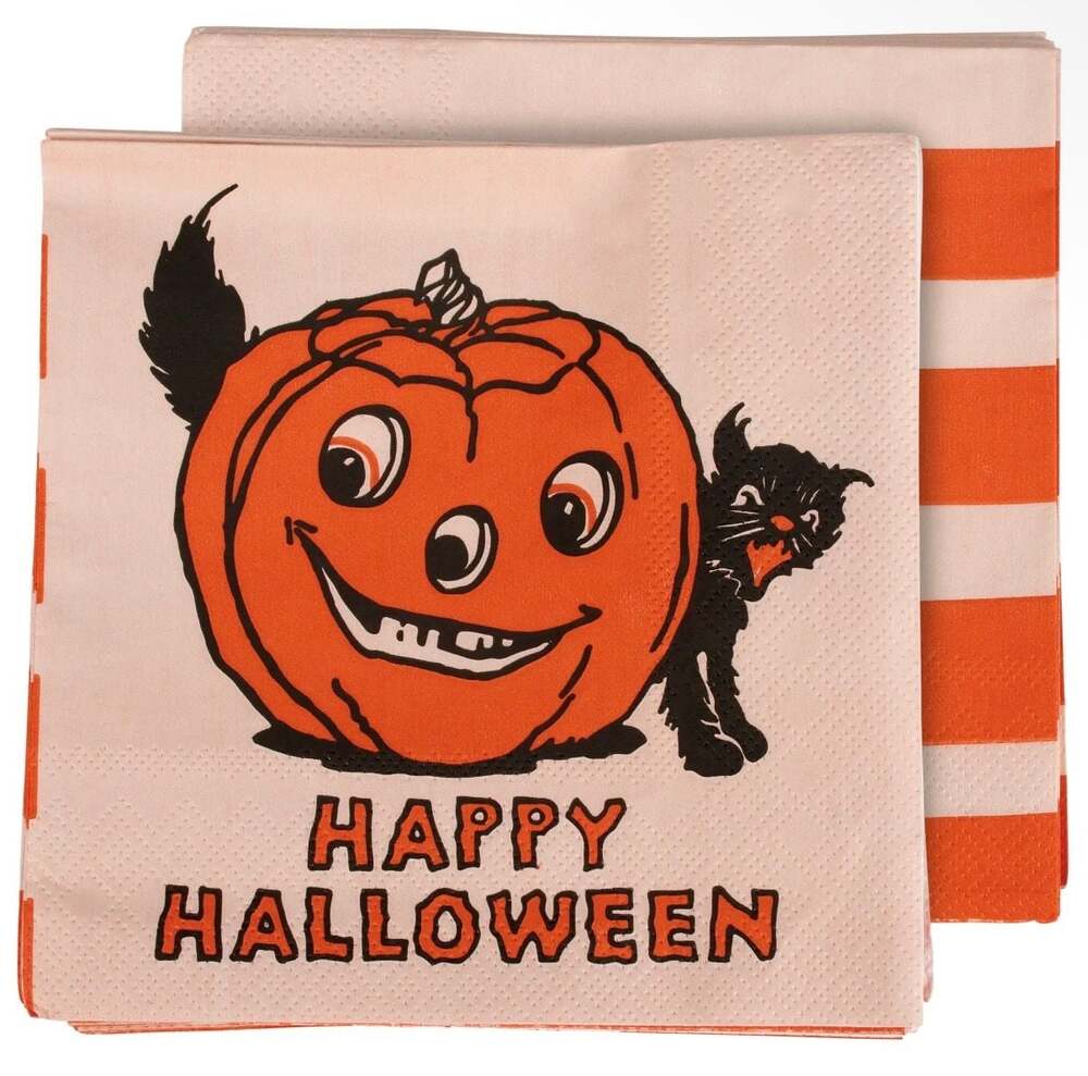Vintage Style Pumpkin and Black Cat Happy Halloween Small Paper Napkins